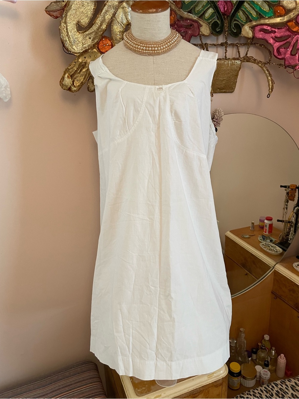 Vintage 1940s White Cotton Sleeveless Slipdress Summer Dress XL Wounded Bird